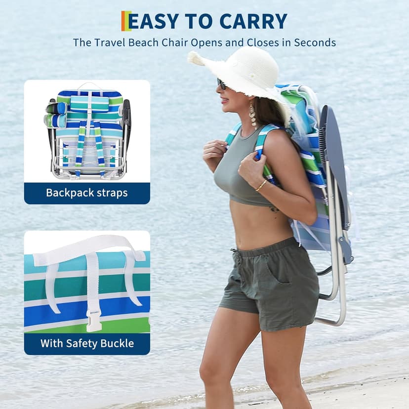 GarveeLife Backpack Beach Chair for Adults 2 Pack, Lightweight Portable Lay Flat Folding Beach Chair with 5 Positions, Backpack Straps, Phone Pocket, Cup Holder & Towel Bar, Support to 350LBS