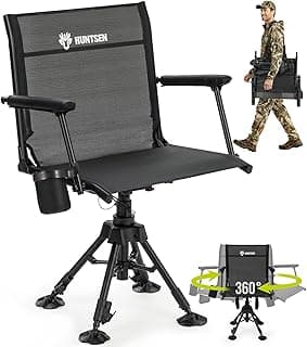 HUNTSEN 360° Silent Swivel Hunting Chair for Blinds - Stable Portable Ground Blind Chair Adjustable 4 Legs & Seat Height Folding Outdoor Fishing Seat with Anti-Sink Feet Armrest - Supports 330lbs