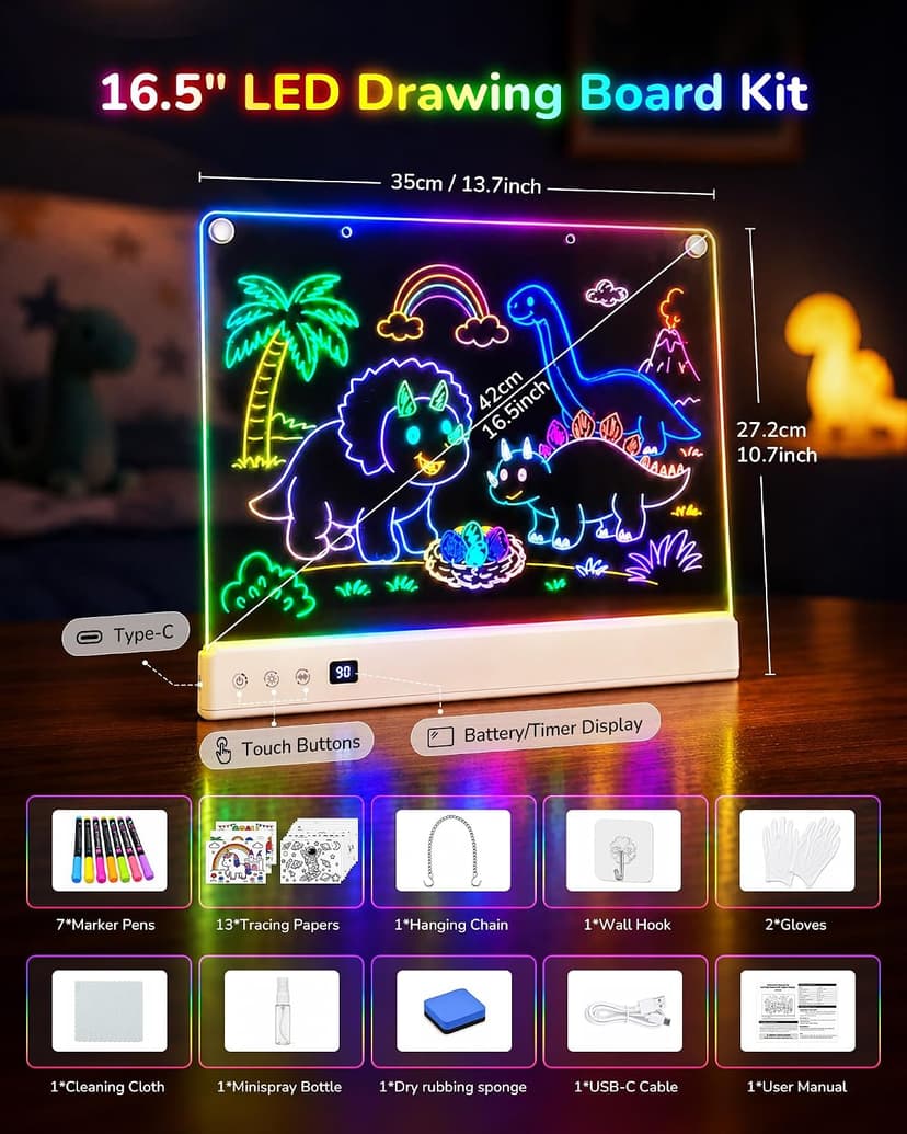 Aullsaty 16.5-Inch LED Drawing Board for Kids, Rechargeable Light Up Dry Erase Board with 16 Light Effects, 7 Markers and Tracing Kit, Birthday or Christmas Gift for Boys and Girls Ages 3-12 B0H7HFPLFM