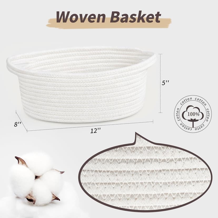 Pro Goleem Small Woven Basket with Gift Bags and Ribbons Durable Baskets for Halloween Gifts Empty Small Rope Basket for Storage 12"X 8" X 5" Baby Toy Baskets with Handles, White