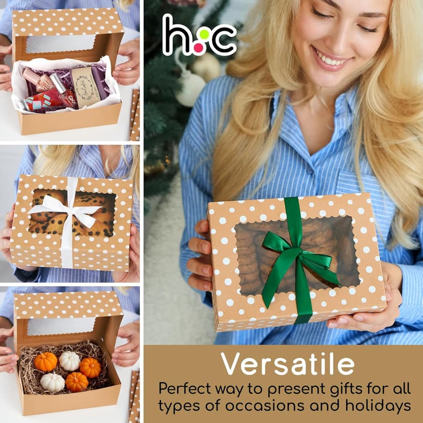 Brown Kraft Cookie Boxes with Ribbons & Window (20 Pack) 8.3 x 6 x 2.8” Food Grade Cardboard Bakery Gift Boxes for Christmas Gift Giving, Baked Goods, Candy Treats, Decorative Holiday Packaging, Empty