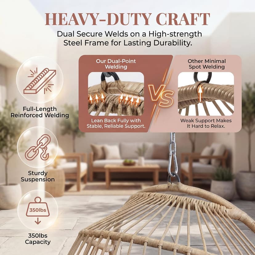 Nicesoul Outdoor Hanging Egg Chair Without Stand, Patio Wicker Swing Egg Basket Chairs with Padded Cushion, 350 Lbs Comfy Cozy Ceiling Tree Swinging Egg-Shaped Chair No Stand for Indoor Balcony, Beige