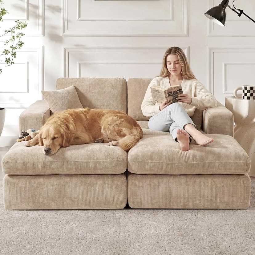 80.7" Oversized Double Chaise Lounge Chair Indoor, Cloud Boneless Sleeper Sofa Bed with 4 Pillows, Extra Deep Seat Cozy Loveseat Couch for Living Room Bedroom, No Assembly Required (Khaki)