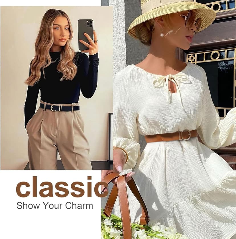 VONMELLI 2 Pack Women's Leather Belts for Jeans Dresses Fashion Gold Buckle Ladies Belt