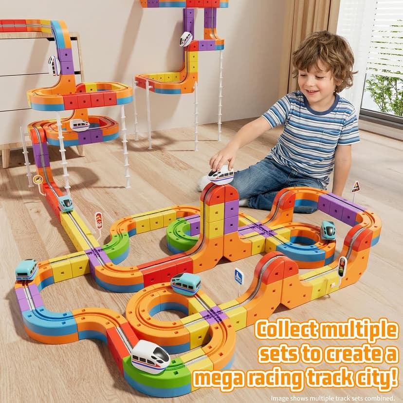 KlickRail Electric Train Set Flexible Race Track for 3 4 5 6 7 8 years old boys and girls, Building Toy Train Track Gravity-Defying 3D Embedded Layouts & Motorized Car, STEM Gift(Deluxe Set(88 Piece))