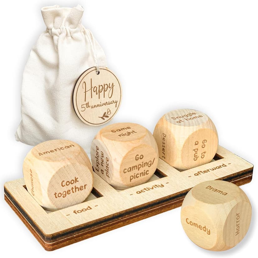5 Year Anniversary Wood Gift for Him Her - 5th Anniversary Wedding Gifts for Wife Husband, Five Years of Marriage Date Ideas, Wooden Game Date Night Dice for Couples