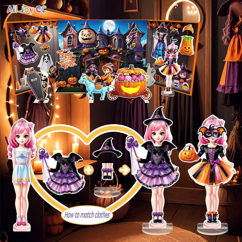 Halloween Magnetic Dress Up Dolls for Kids, Spooky Witch & Pumpkin Fairy Costume Dress Up Set with 3D Haunted House Scene, Travel Activity Toy Gift for Toddler Girls & Boys Ages 3 4 5 6 7