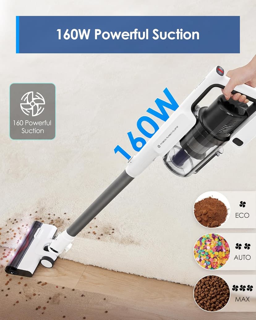 Tineco A30S Cordless Stick Vacuum Cleaner, 160W Suction, 60Min Runtime, 1L Larger Dustbin, ZeroTangle Brush, PureCyclone Tech, LED Headlight, White
