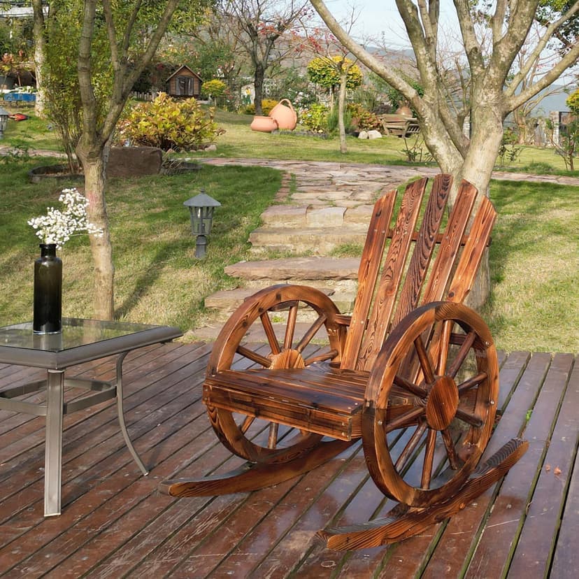 Spurgehom Outdoor Wooden Rocking Chair, Yard Glider Rocking Chairs Patio Decor Wood Rocker with Slatted Design, Adirondack Rocking Chair for Porch Lawn Garden Balcony Poolside, Brown(2PC)