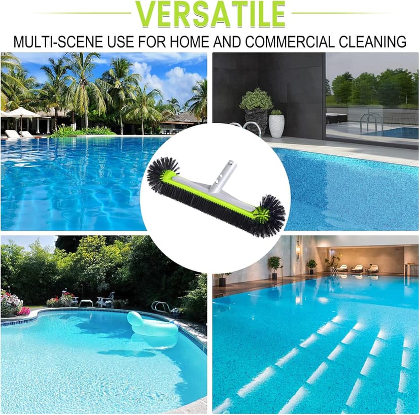 Swimming Pool Brush Head with Round Ends,17.5" Heavy Duty Aluminum Back Head for Cleans Walls, Tiles & Floors, 7 Rows Premium Nylon Bristles with EZ Clips (Green Black)