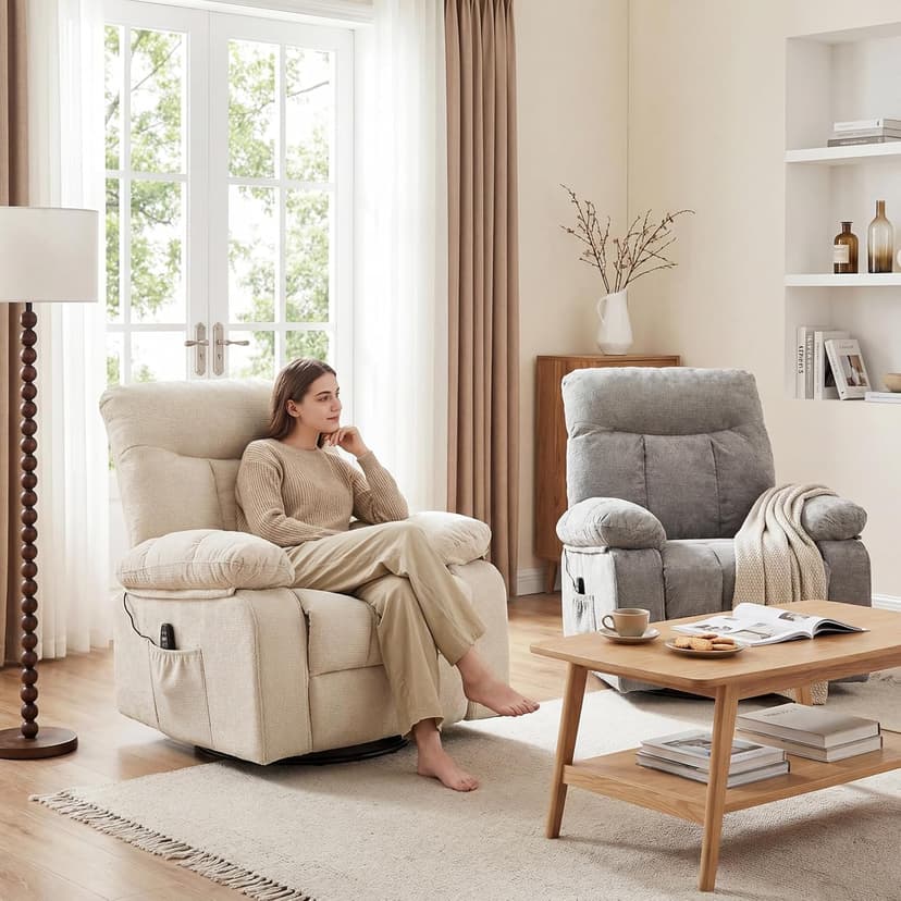 Recliner Chair, Durable & Tear-Resistant Massage Chair with Heating, Premium Chenille Fabric Massage Recliner Supports up to 380 LBS for Living Room, Bedroom, Beige