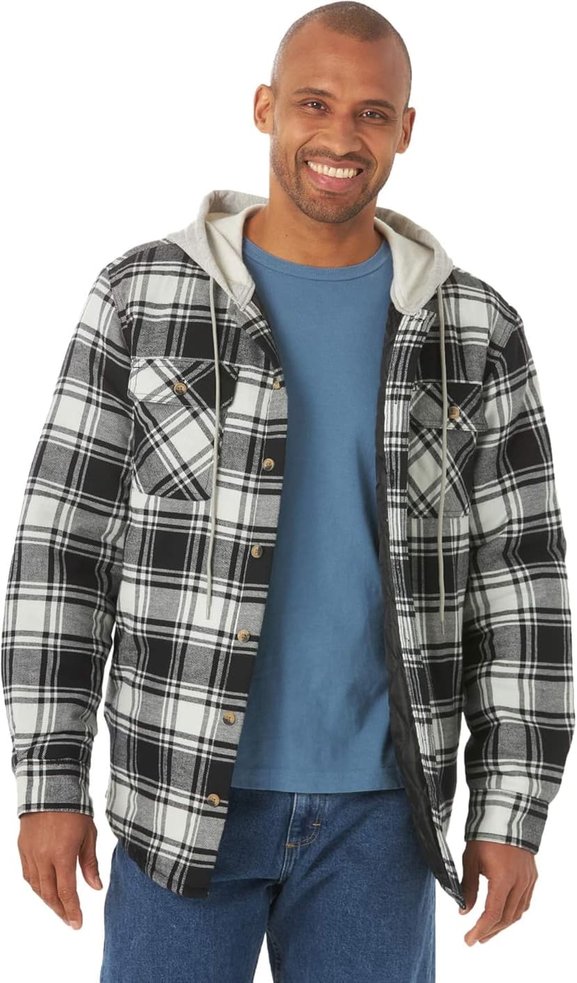 Wrangler Authentics Men's Long Sleeve Quilted Lined Flannel Shirt Jacket with Hood