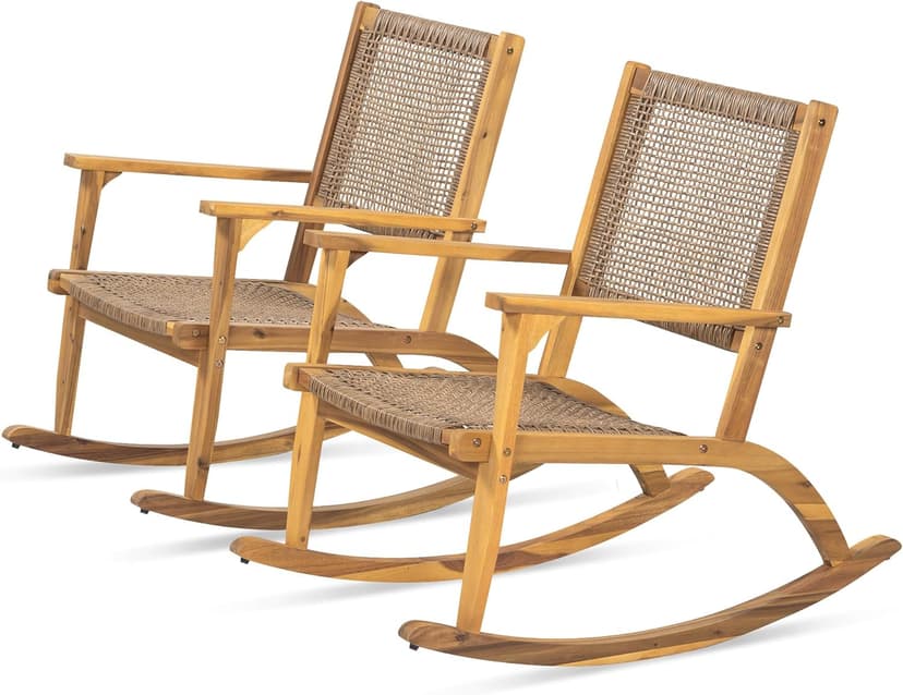 Acacia Wood Outdoor Rocking Chair Set of 2, Natural Wicker Outdoor Rockers with Wicker Rattan Seat & Backrest, 400 lbs Capacity Heavy Duty Rocker for Garden, Backyard & Balcony (Natural)