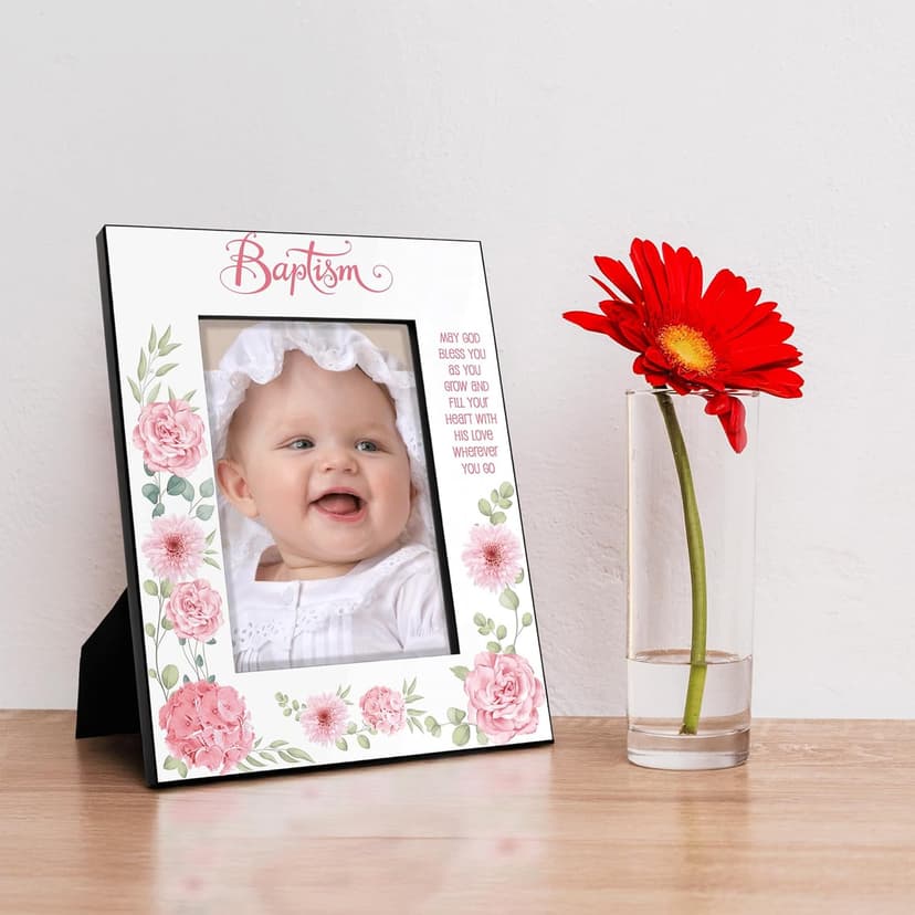 KATE POSH Baptism Picture Frame for Girl, Pink Flowers Decor, Christening, Religisous Gift, From Godparents, New Baby (5x7-Vertical)