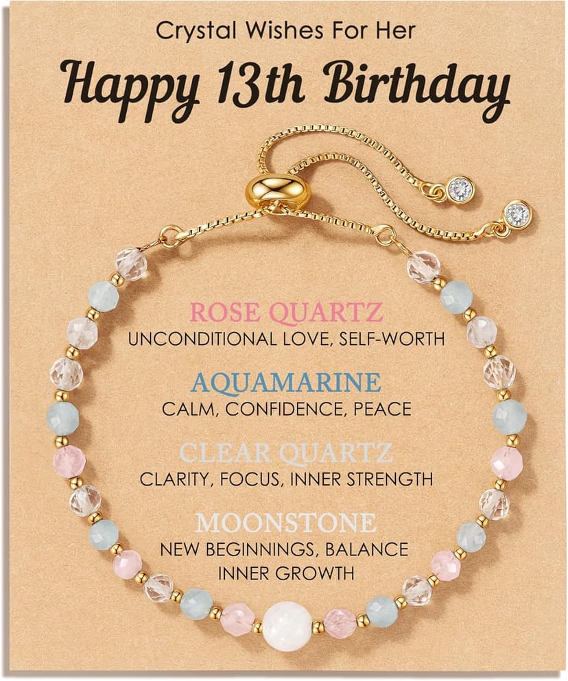 HGDEER Natural Crystal Bracelet 13th 16th Birthday Gifts for Girls - Rose Quartz Moonstone Aquamarine Healing Stones Jewelry with Meaning Card for Daughter Granddaughter
