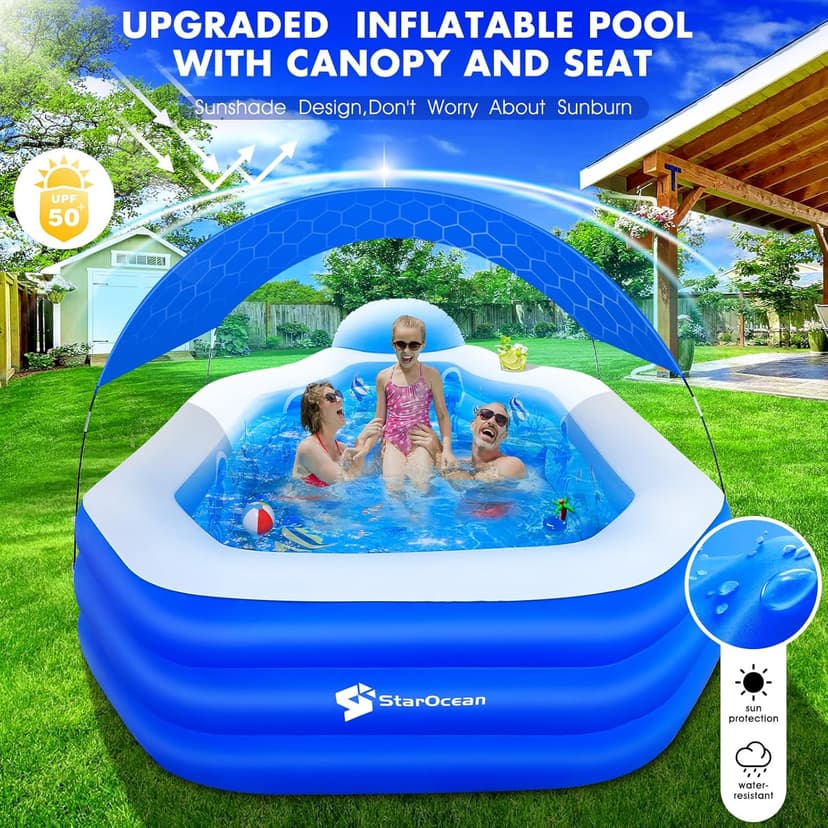 Inflatable Pool with Canopy, Large Inflatable Swimming Pool for Kids,Adult, Blow Up Pools with Seats,Backrest.Durable Thickened Inflatable Family Pools for Backyard,118"x75"x22"-Dark Blue