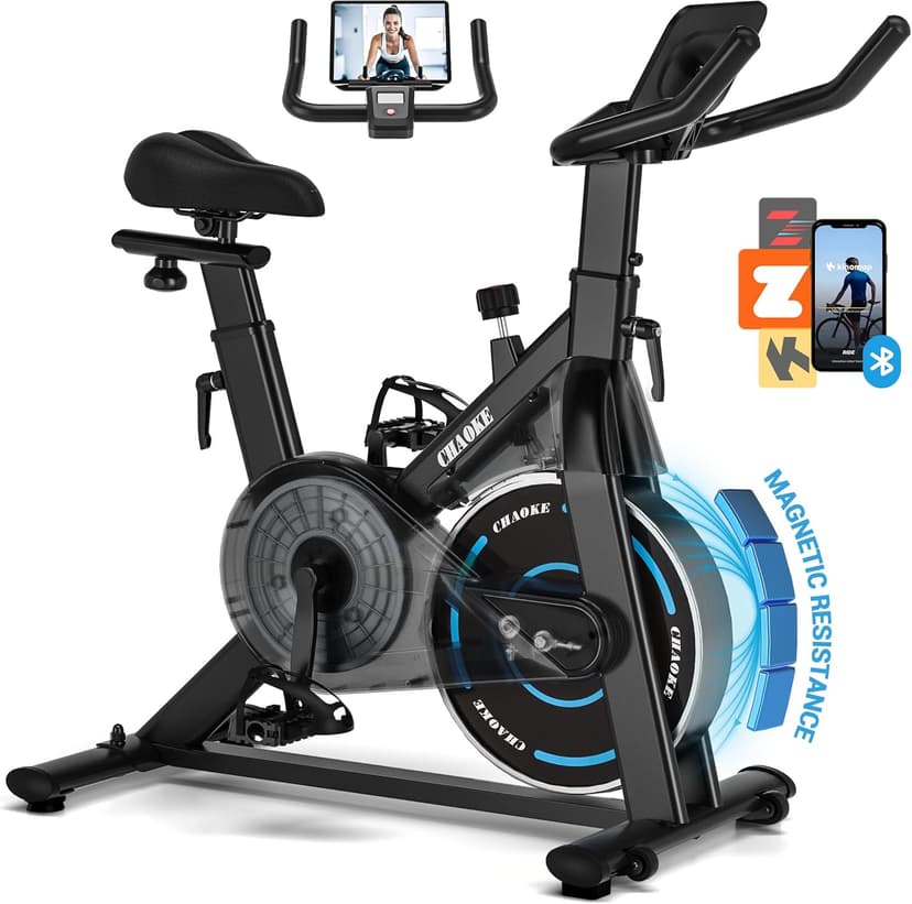 CHAOKE Exercise Bike, Quiet Adjustable Magnetic Stationary Bike for Home Cardio with App Compatible, 350LB Weight Capacity Indoor Cycling Bike with Large Seat, Dumbbell Rack, Pull Cords & LCD Display