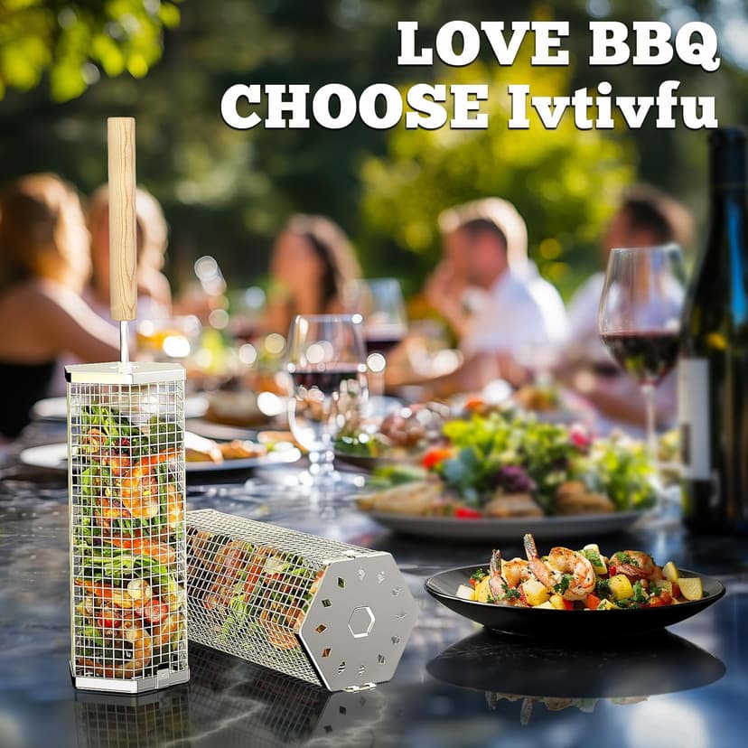 Rolling Grill Basket, Removable Wooden Handle, 304 Stainless Steel, Nesting Grilling Tools, Smoker BBQ Accessories for Vegetable, Outdoor Cooking Camping, Birthday Gifts for Men Dad Husband