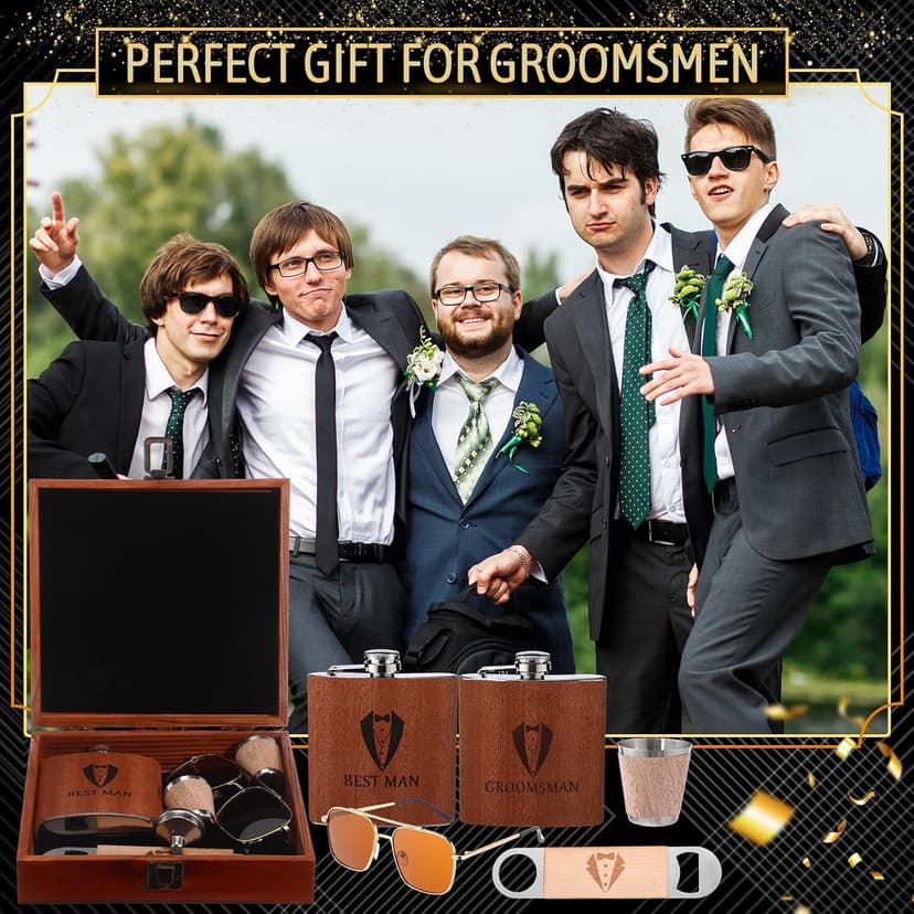 Complete Proposal Gift Set, Box, Flasks, Sunglasses, Funnel, Bottle Opener, Wooden Cups, Bachelor Party Favor 42 Pcs Groomsmen Gifts Set of 6 Wedding Best Man Gift, Brown B0G6ZNR6MC