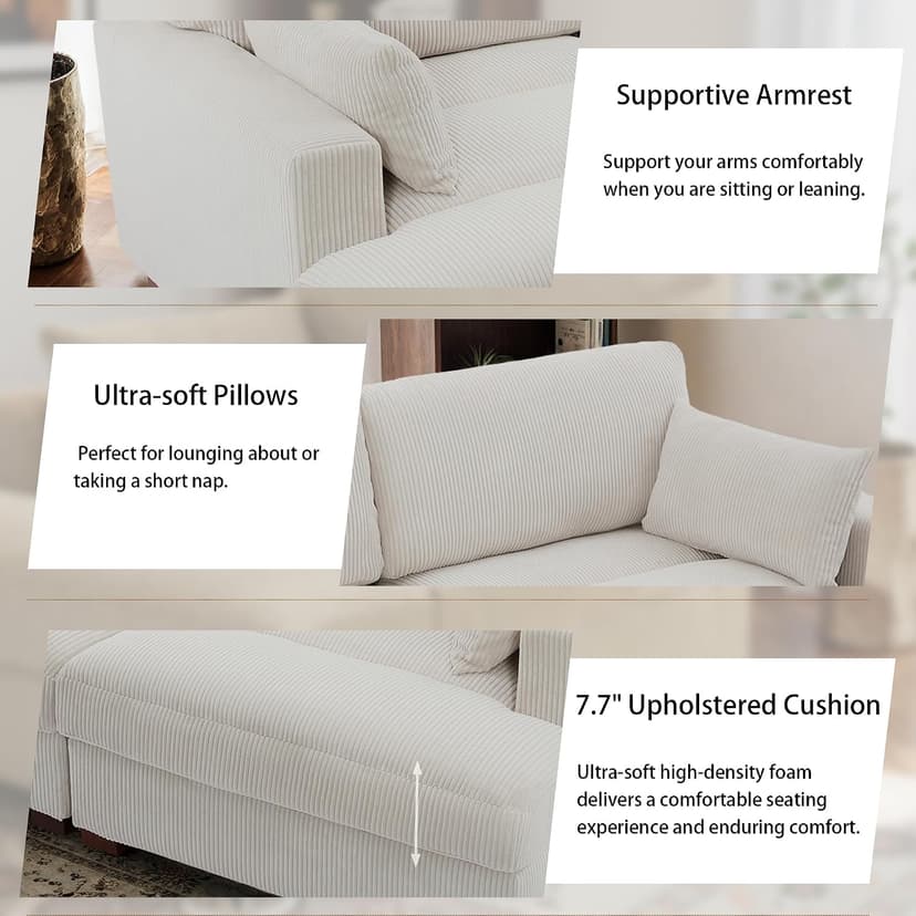 Oversized Chaise Lounge Chair Indoor with Left Armrest, Comfy Upholstered Sofa Bed Recliner Chair for Living Room, Corduroy Reading Seat Cloud Couch w/Solid Wood Frame - Sea Salt Grey