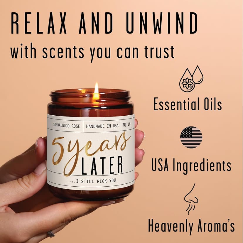 5 Year Marriage Gift for Anniversary for Her - '5 Years Later' Soy Candle, w/Sandalwood Rose - Infused w/Essential Oils I 5th Anniversary Wedding Gift for Wife I 50Hr Burn I USA Made