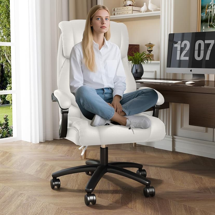 Ollega Reclining Office Chair, Executive Big and Tall Office Chair with Wide Seat, Recliner Leather High Back Computer Desk Chairs (White)