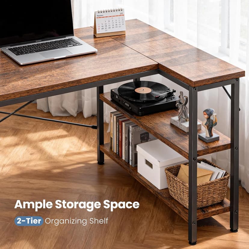 DUMOS L Shaped Desk 47 Inch Computer Desk Gaming Furniture Corner Desks Home Office PC Table with Reversible Storage Shelves for Writing Working Study Bedroom Dorm, Rustic Brown
