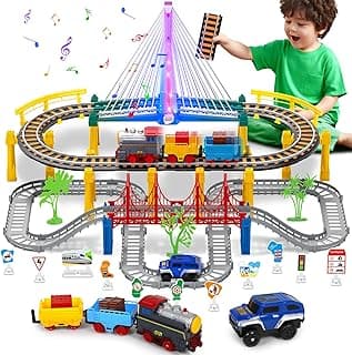 Electric Train Set for Kids Ages 4-8 with Train Tracks Set & Car Tracks Lights Up Bridge Road Sign Realistic Sound Train Track Accessories Playset Boy Toys Birthday 4 5 6 7 8+ Year Old