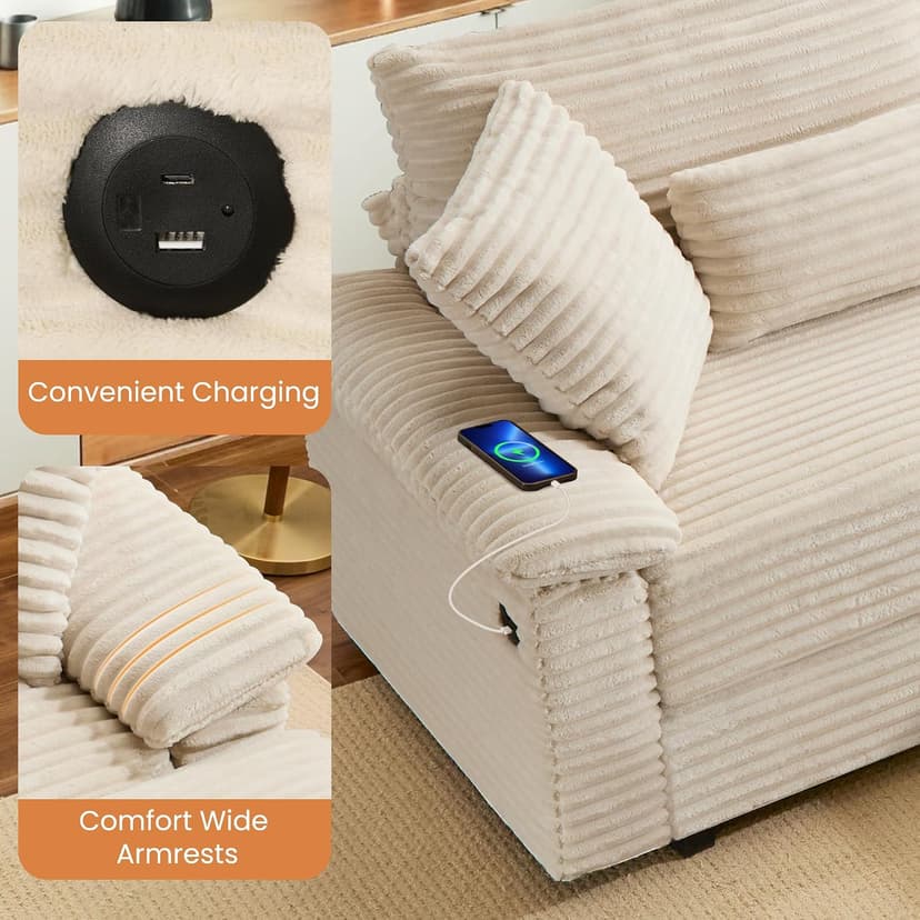SUNWAVE 74" W Double Chaise Lounge Chair Indoor, Oversized Loveseat with Storage Ottoman, Corduroy Couch with USB Charging, Removable Ottoman, and Coffee Table Cushions for Living Room Bedroom