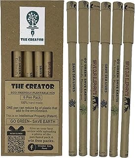 THE CREATOR The CREATOR - PLANTABLE Pens One pen reduces 6g of plastic added to the environment Go Green - Save Earth Give a gift that speaks to the Heart, Pack of (6), WILDLIFE Theme, Brown
