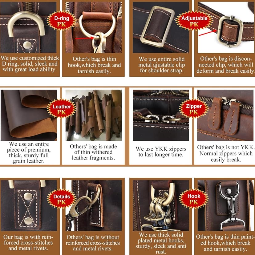 Masa Kawa Leather Briefcase for Men 15.6", 17" Laptop Computer Case Business Travel Work Messenger Cross Body Shoulder Bag