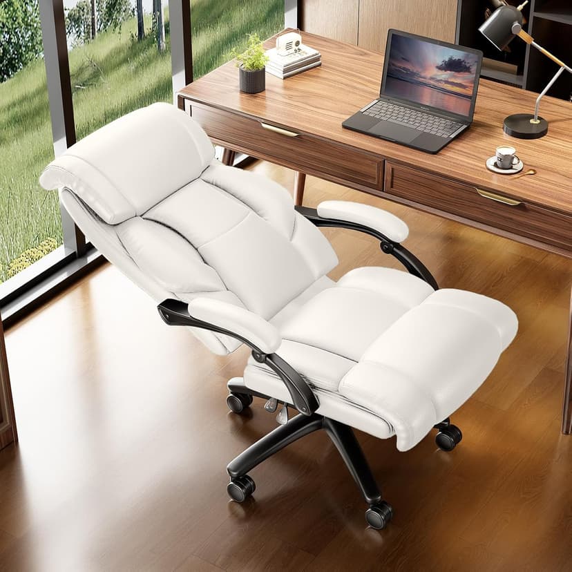 Ollega Reclining Office Chair, Executive Big and Tall Office Chair with Wide Seat, Recliner Leather High Back Computer Desk Chairs (White)