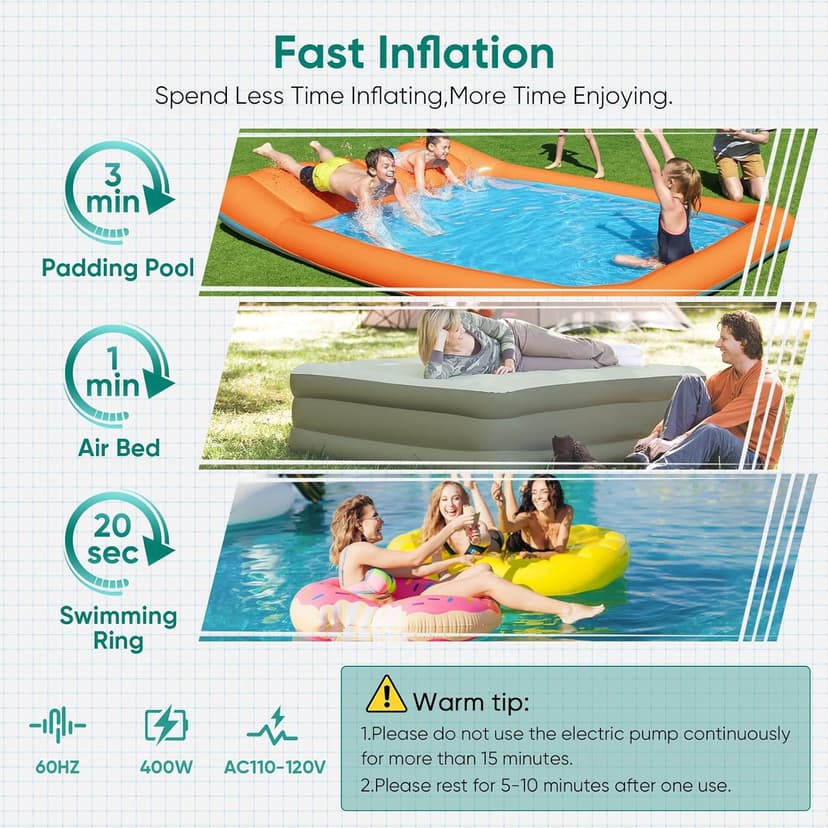 Electric Air Pump for Inflatable Pool Toys - High Power Quick-Fill Air Mattress Inflator Deflator Pump for Pool Float Raft Gymnastics Track Mat, Portable Air Pump 4 Nozzles AC 110-120V (400W)