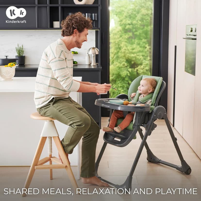 Kinderkraft Tummie, 2-in-1 high Chair, Baby Chair, Ergonomic, Comfortable, Reclining, Foldable, with Ajustable Height, Footrest, Detachable Tray, for Toddler, with Toys, Beige