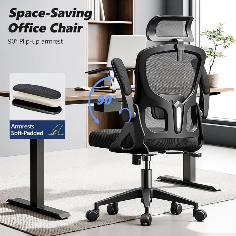Ergonomic Office Chair, High Back Desk Chair with Flip-up Arms, 300 LBS Mesh Computer Chair with Adjustable Headrest & Lumbar Support, Comfy Gaming Chair for Adults, Home Office Desk Chairs (Black)