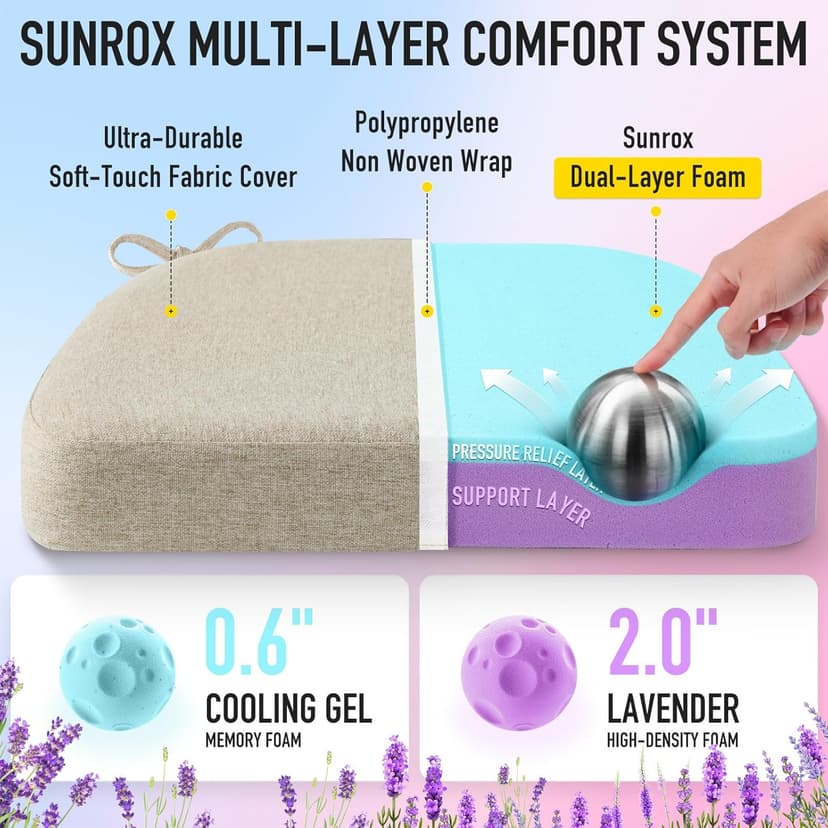 SUNROX Cooling Gel Memory Foam Chair Cushions, 2.6" Thick U-Shaped Dual-Layer Comfort Dining Chair Pads, Non Slip Seat Cushion with Ties for Indoor Kitchen Office 17"x16" Set of 4, Cream