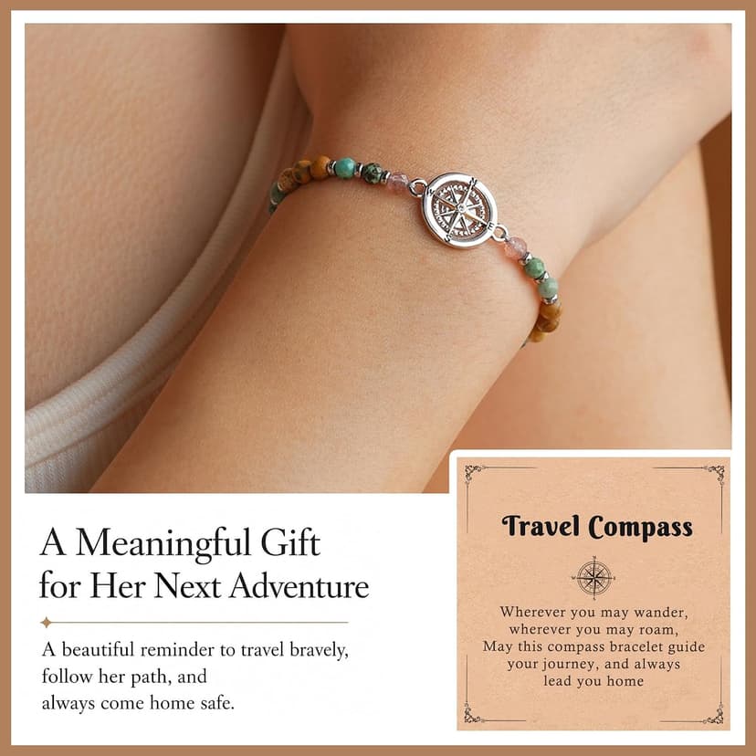 6.5-9 Inch Adjustable Bracelet with Message Card, Farewell Goodbye Going Away Graduation Gift for Friend Coworkers Familys Compass Bracelet for Women, Retirement You Will Be Missed Travel Gifts B0FS17C1MP