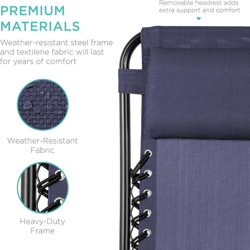Best Choice Products Set of 2 Adjustable Steel Mesh Zero Gravity Lounge Chair Recliners w/Pillows and Cup Holder Trays - Navy Blue