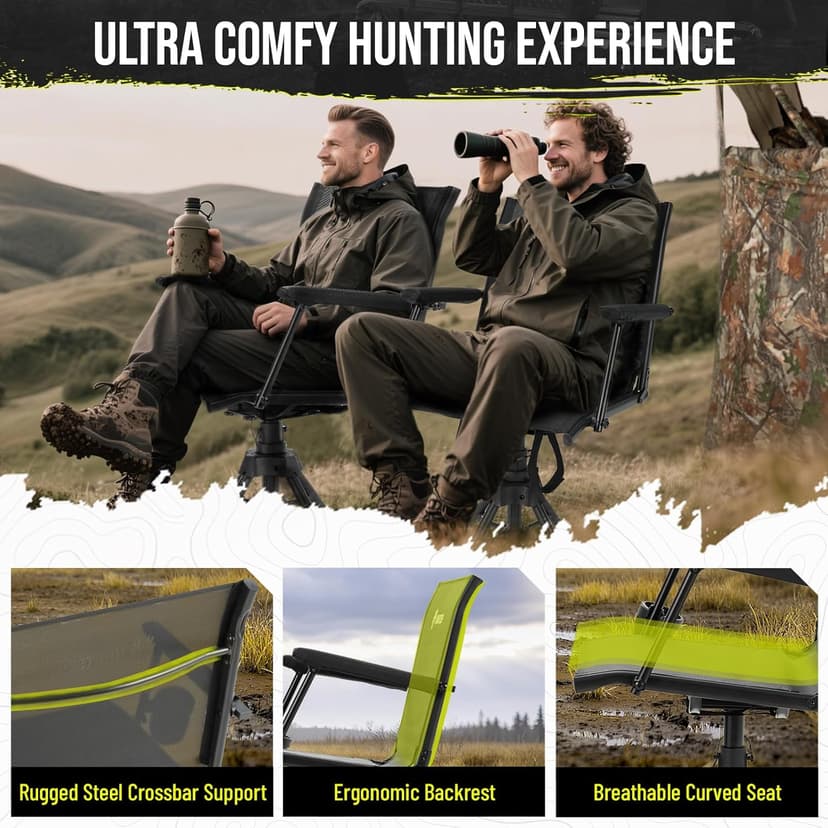 HUNTSEN 360° Silent Swivel Hunting Chair for Blinds - Stable Portable Ground Blind Chair Adjustable 4 Legs & Seat Height Folding Outdoor Fishing Seat with Anti-Sink Feet Armrest - Supports 330lbs