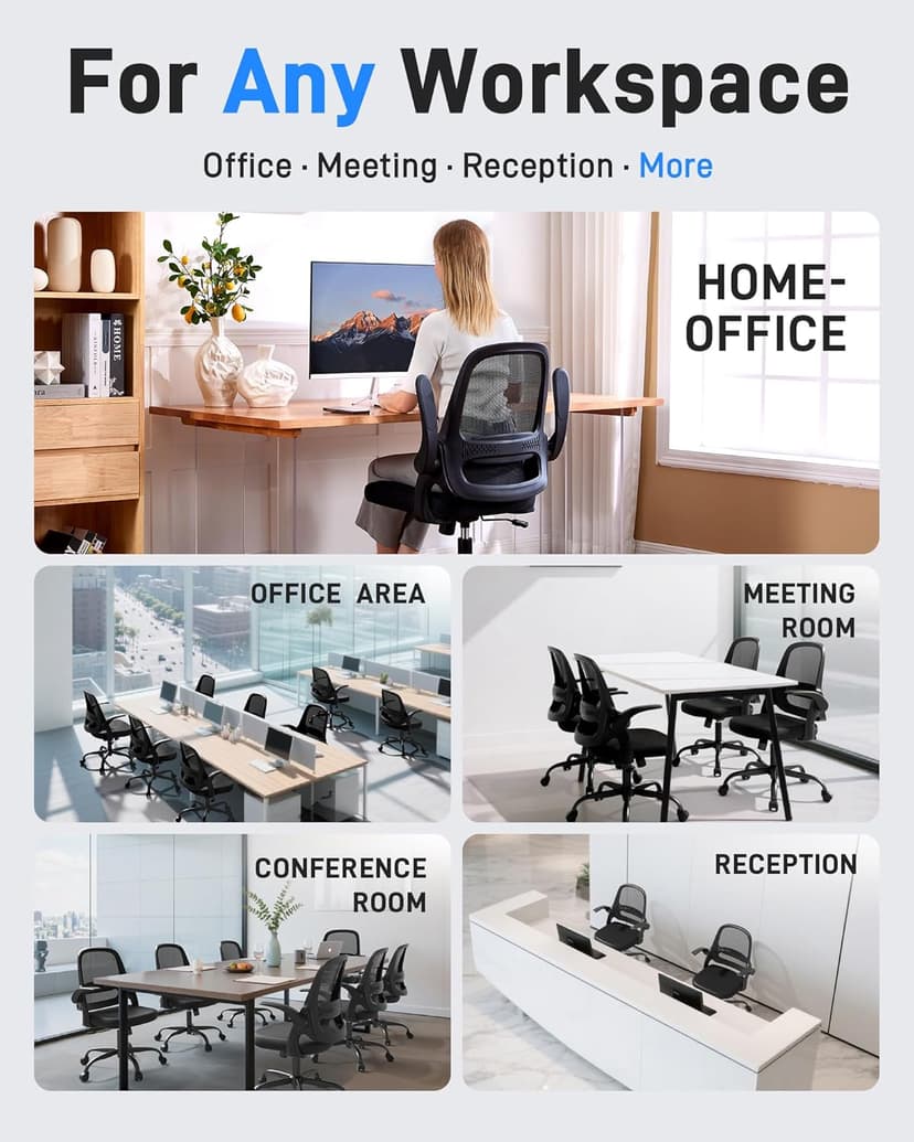 Ergonomic Mesh Office Chair for Home Office, Flip-Up Arms, Breathable Mesh Back & Thick Seat Cushion, Swivel Rolling Computer Desk Chair, BIFMA Certified, Supports 300 lbs (Black Frame/Black Seat)