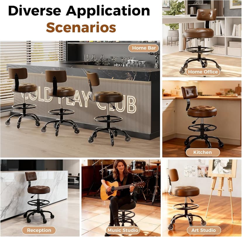 Office Drafting Chair with Footrest, Tall Height Adjustable Stool with Back Support, Heavy Duty Rolling Stool Chair with Wheels for Office Home Kitchen Bar Shop Guitar Studio Vanity, Brown
