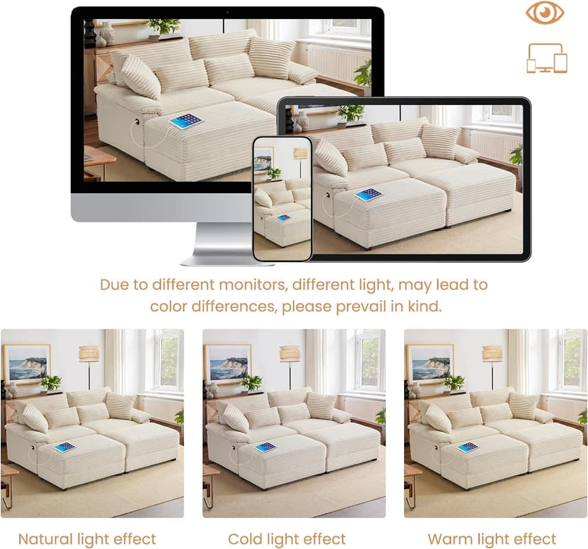 SUNWAVE 74" W Double Chaise Lounge Chair Indoor, Oversized Loveseat with Storage Ottoman, Corduroy Couch with USB Charging, Removable Ottoman, and Coffee Table Cushions for Living Room Bedroom