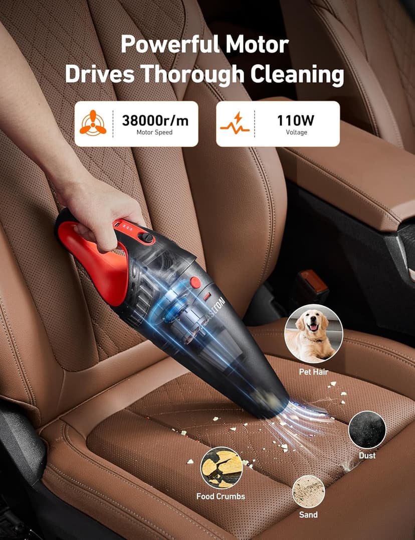 AstroAI Handheld Car Vacuum Cordless with Accessories, Portable Vacuum Cleaner with 12V DC Power, LED Light, Brush, Extended Suction Pipe, Hose, Mini Handheld for Car, Home, Office, and Pet Hair, Red