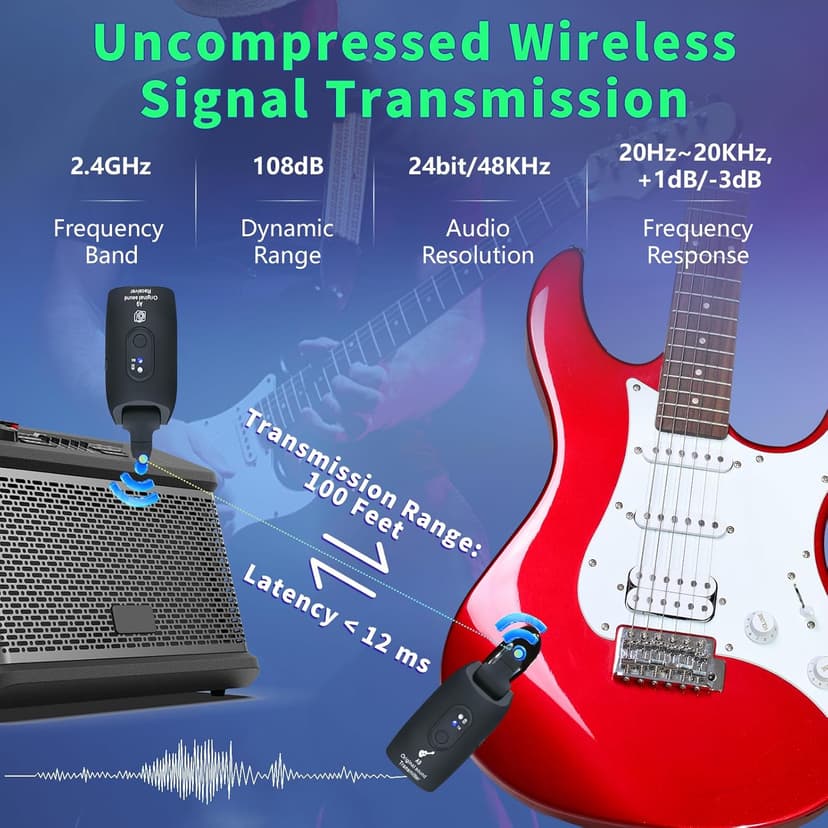 A9 Wireless Guitar System - 2.4GHz Guitar Accessories Transmitter Receiver, 24-bit 48KHz Audio, 100ft Range, No Latency, 4-Hour Rechargeable Battery, for Electric Bass (Black(1TX+1RX))