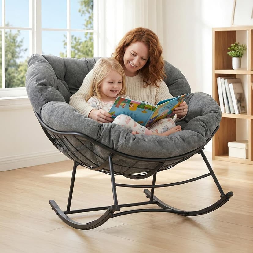 OLIXIS Outdoor Rocking Chair with 5.5" Thick Cushion, Oversized Egg Lounge Chair with Water-Repellent & UV-Resistant Fabric, 450 Lbs Heavy Duty for Patio, Living Room, Garden, Bedroom, Gray