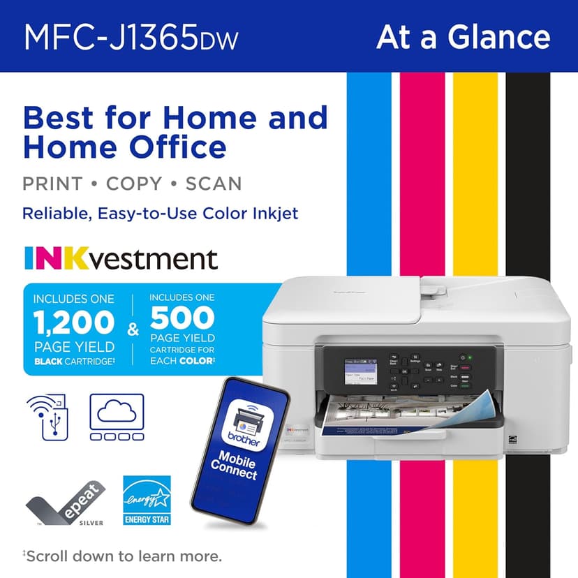Brother INKvestment 1365 Wireless Color Inkjet All-in-One Printer with Automatic Duplex Printing and 1.8” Color Display | Includes Refresh Subscription Trial(1) (MFC-J1365DW)