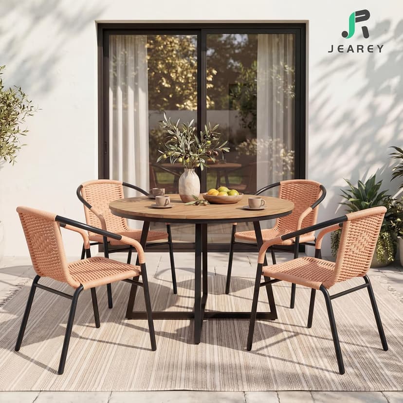 JEAREY Outdoor Patio Rattan Dining Chairs Set of 4, All Weather Stackable Dining Chairs for Lawn, Restaurant, Garden, Beige