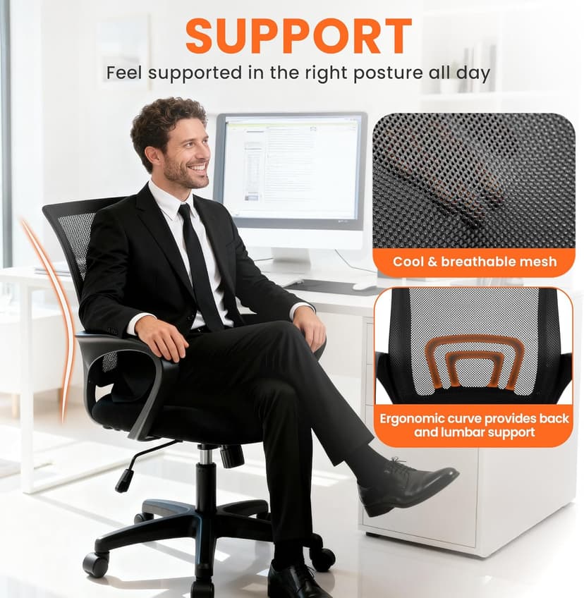 NEO CHAIR Office Desk Computer Chair Ergonomic Mesh Gaming Cushion Seat with Comfy Lumbar Mid Back Support Adjustable Height Swivel Rolling Wheels for Home Task (Mesh Black)