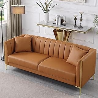 FOTOSOK 78'' Couch Sofa, Modern Leather Couches for Living Room, Comfy, Faux Leather Sofa 3 Seater Sofa with 2 Throw Pillows and Gold Metal Legs, Deep Seat Sofas (Brown)
