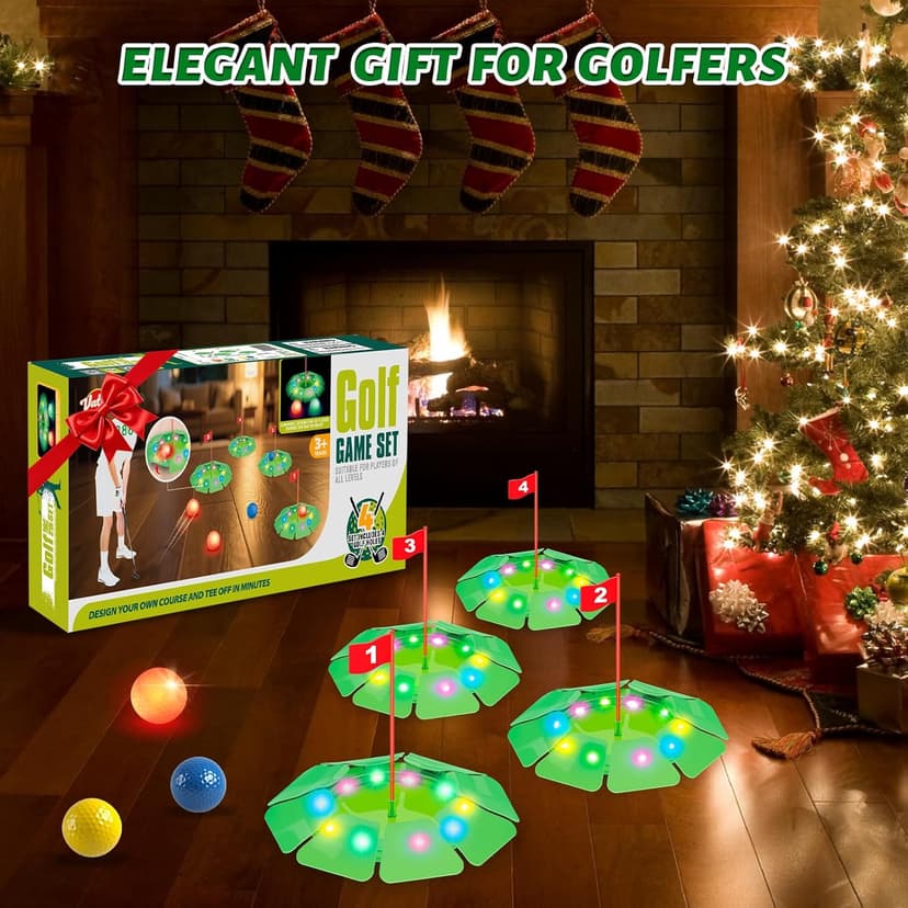 VATOS Light up Golf Putting Game Set - Glow Mini Golf Toy with 4 LED Holes, 4 Balls(2 Glow), Extendable Putter,Build Your Own Course at Home Indoor Outdoor Family Fun Golf Gifts for Kids Adults Golfer